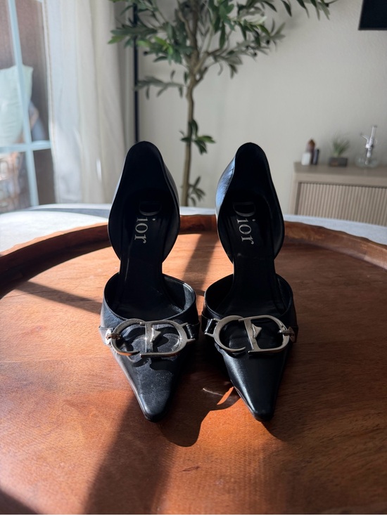 Dior Shoes - Vintage Dior Black Leather Pointed-Toe Pumps with Silver CD Buckle